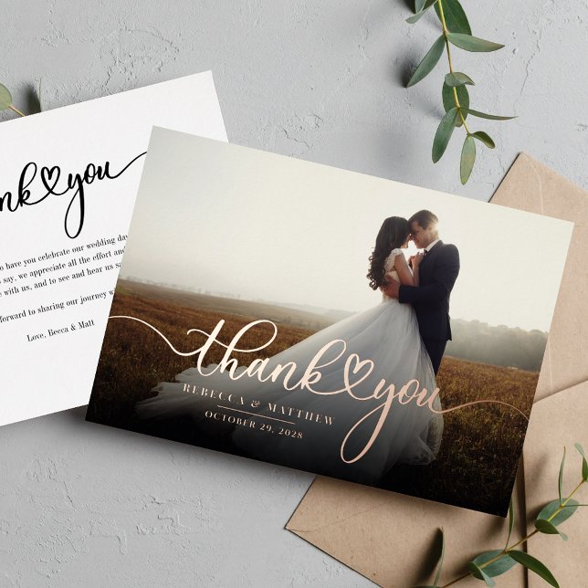Handwritten Wedding Photo Thank You Rose Gold Foil Invitation (Wedding Day Photo Rose Gold Foil Thank You Card)