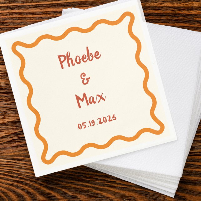 Handwritten Whimsical Wavy Border 70s Wedding  Napkins (Creator Uploaded)