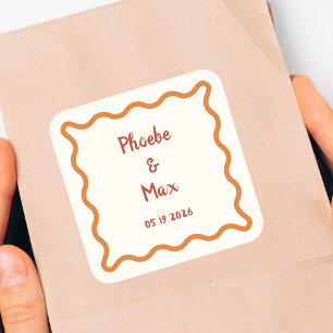 Handwritten Whimsical Wavy Border 70s Wedding Square Sticker