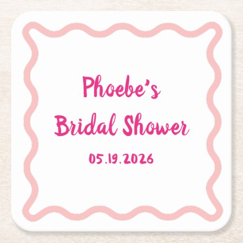 Handwritten Whimsical Wavy Border Bridal Shower Square Paper Coaster