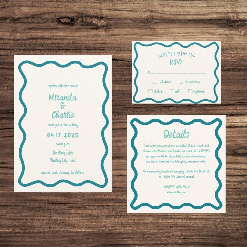 Handwritten Whimsical Wavy Border Fun Blue Wedding Invitation