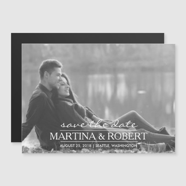 Handwritten White Script Save the Date Photo Magnetic Invitation (Front/Back)