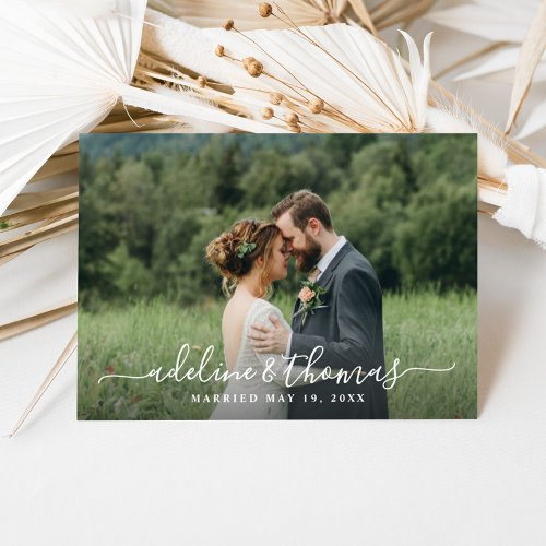 Handwritten White Script Wedding Monogram Photo Thank You Card