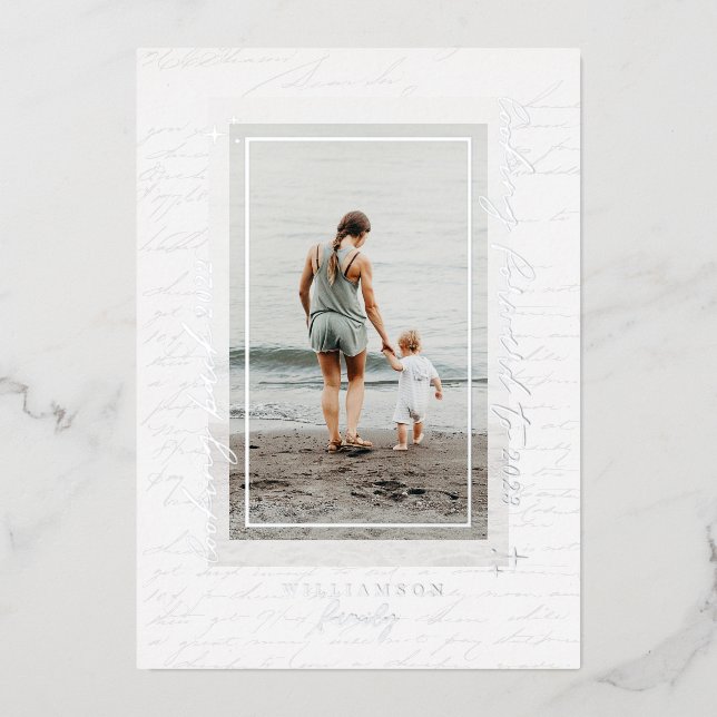 Handwritten Year in Review Letter Scrapbook Photos Foil Holiday Card (Front)