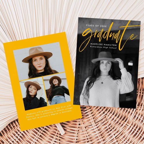 Handwritten Yellow Brush Script 4 Photo Graduation Announcement