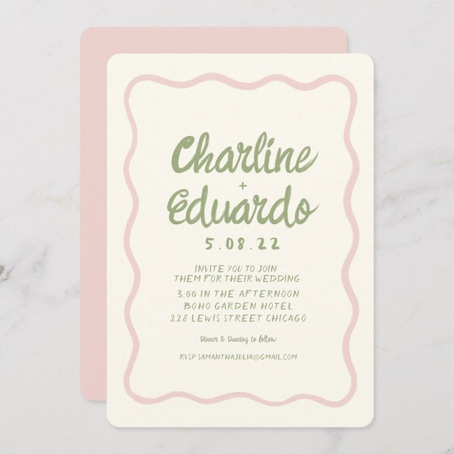 Handwritting Wavy Green Pastel Color Wedding  Invitation (Creator Uploaded)