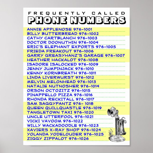 Handy Phone Number List To Display Near Your Phone Poster (Front)