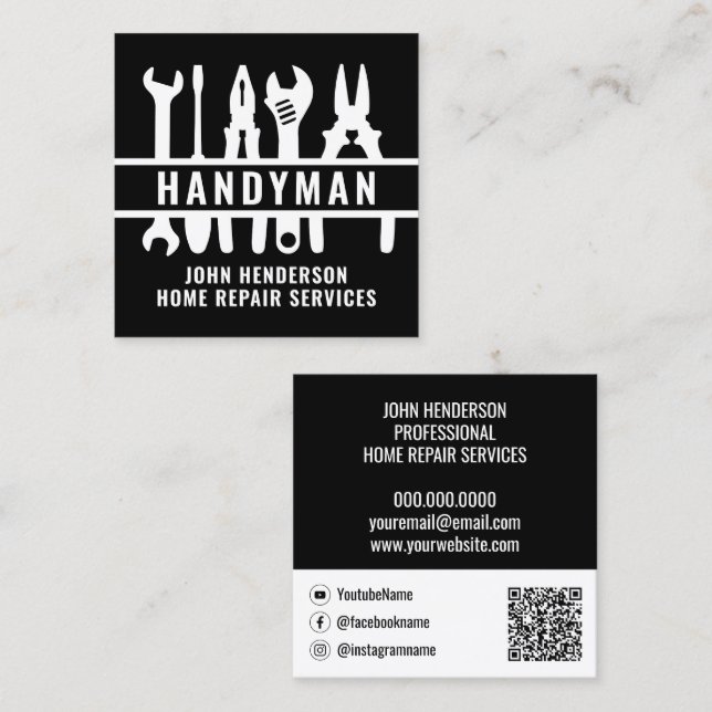 Handyman Back White Qr Code Home Repair Services Square Business Card (Front/Back)