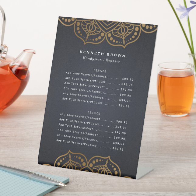 Handyman Black Gold Service Menu Pedestal Sign (In SItu)