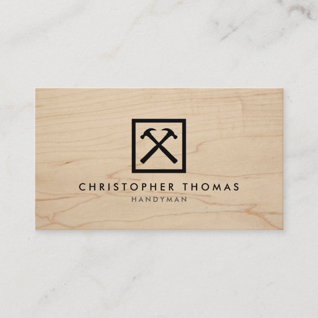 Handyman, Carpenter, Builder Logo on Wood II Business Card (Front)