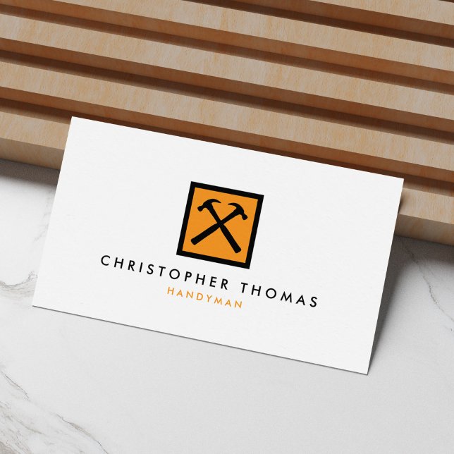 Handyman, Carpenter, Builder Orange Hammer Logo Business Card (Creator Uploaded)