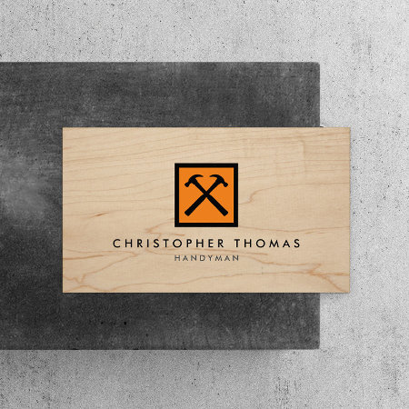 Handyman, Carpenter, Builder Orange Logo On Wood Business Card