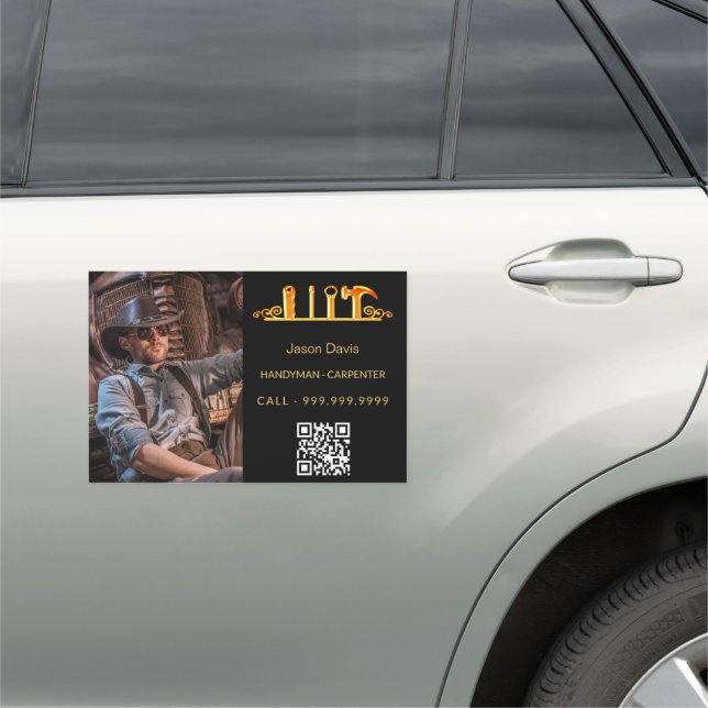 Handyman carpenter construction black gold name QR Car Magnet (In Situ)