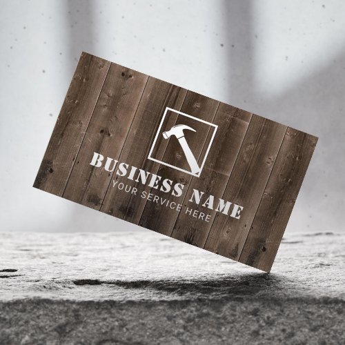 Handyman Carpenter Hammer Logo Rustic Wood Business Card