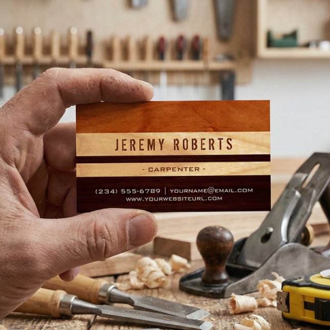Handyman Carpenter Remodeling Stylish Wood Stripes Magnetic Business Card (Creator Uploaded)