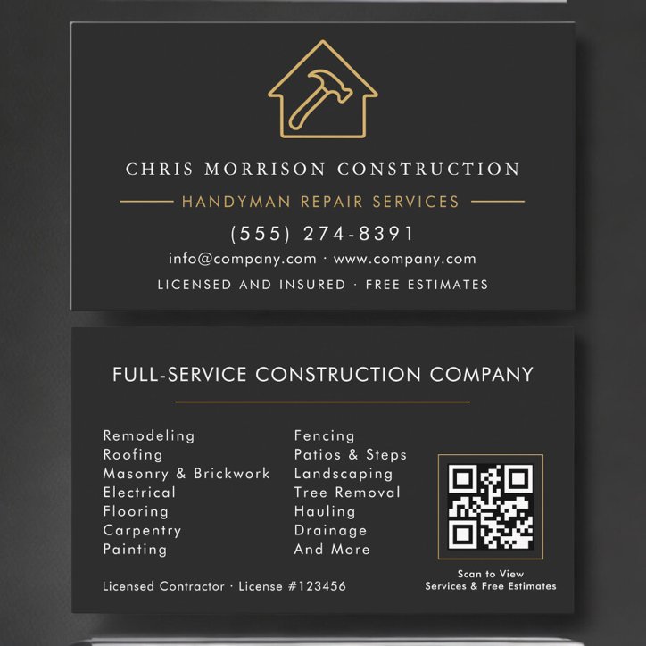 Handyman Construction Black Gold QR Code Business Card