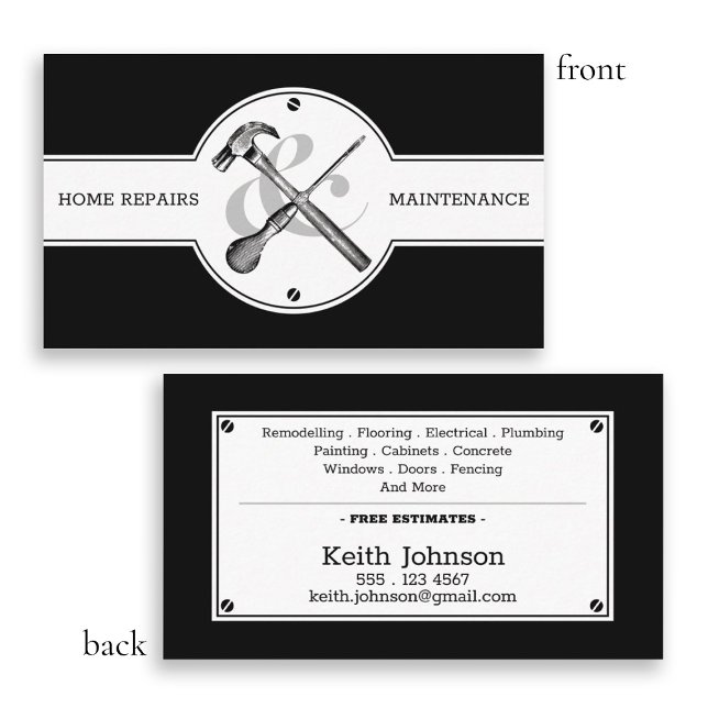 Handyman Construction Black Professional Modern  Business Card (Handyman Construction Black Professional Modern Business Card)