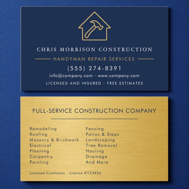 Handyman Construction Metal Gold Navy Blue  Business Card (Creator Uploaded)