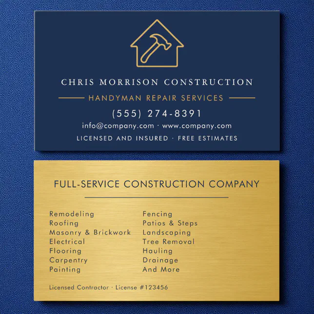 Handyman Construction Metal Gold Navy Blue Business Card | Zazzle