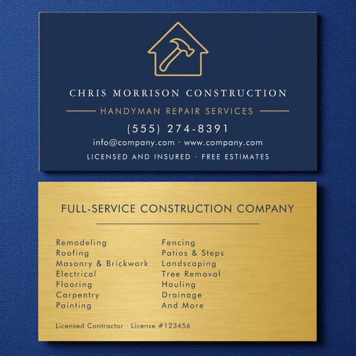 Handyman Construction Metal Gold Navy Blue Business Card