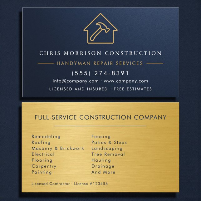 Handyman Construction Metallic Gold Navy Blue  Business Card (Creator Uploaded)