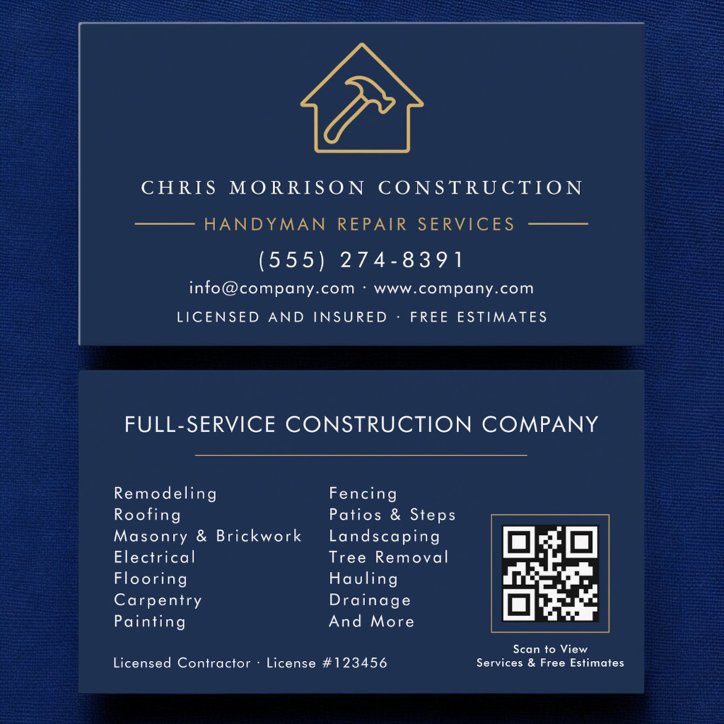 Handyman Construction Navy Blue Gold QR Code Business Card