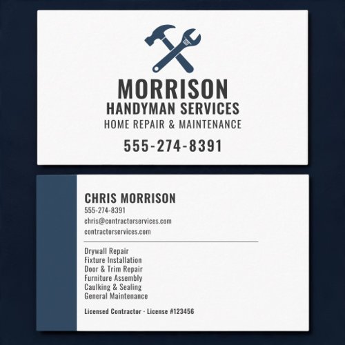 Handyman Construction Navy Blue Tools Professional Business Card