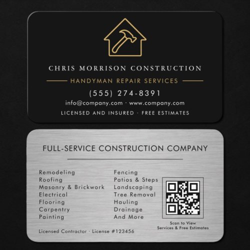 Handyman Construction QR Code Silver Metallic Business Card