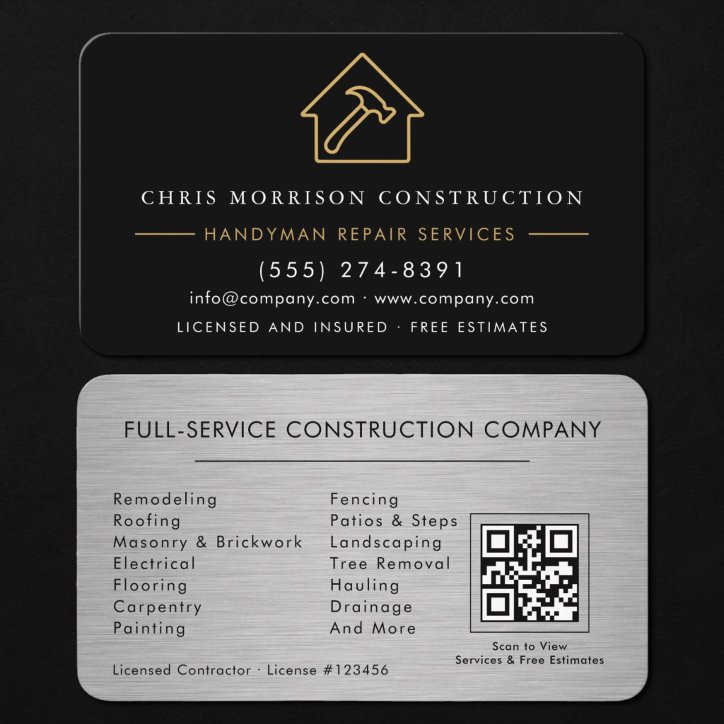 Handyman Construction QR Code Silver Metallic Business Card