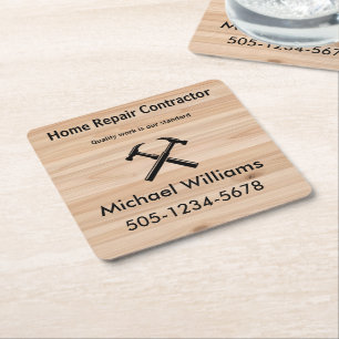 Handyman Contractor Rustic Wood Hammer Logo  Square Paper Coaster