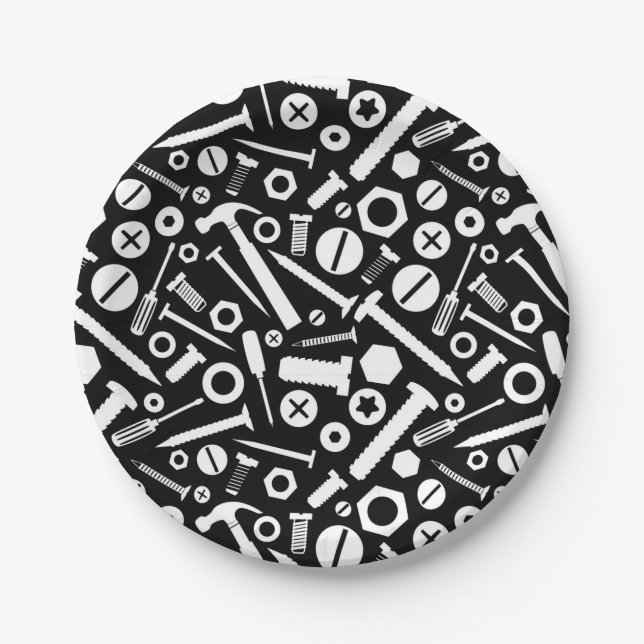 Handyman DIY Mister Fixit Hammer Nuts Bolts Tools Paper Plates (Front)