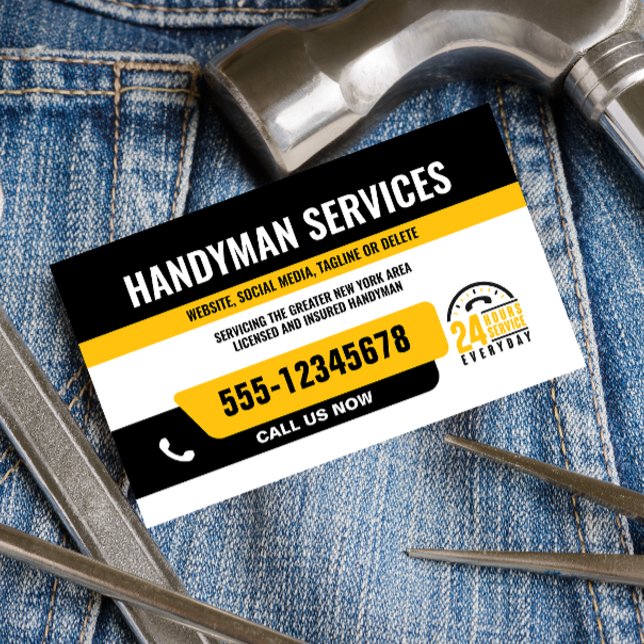 HANDYMAN FIX IT GUY URGENT REPAIR  BLACK YELLOW BUSINESS CARD (Creator Uploaded)