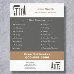 Handyman & Home Repair Service Flyer<br><div class="desc">A Flyer in brown and gray colors with an illustration including hammer,  screwdriver,  paint roller,  handsaw,  wrench. Fully customizable,  it can be suitable for all kinds of repair activities such as handyman,  home repair services,  plumbing,  etc.</div>