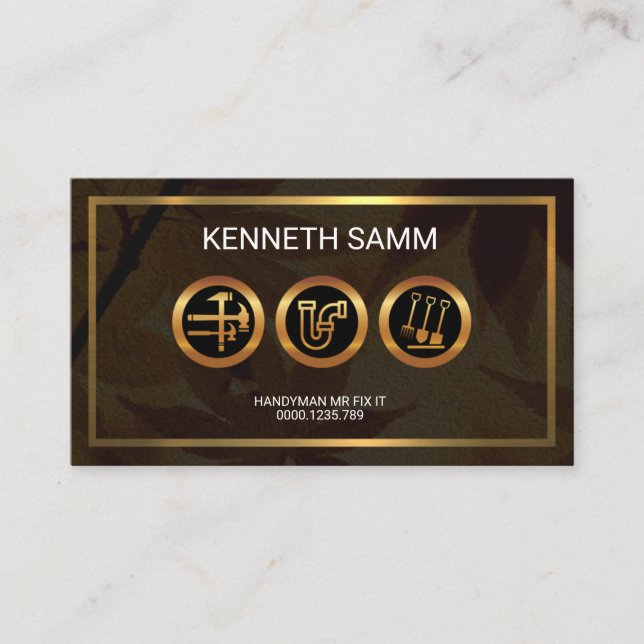 Handyman Maple Leaf Gold Borders Business Card (Front)
