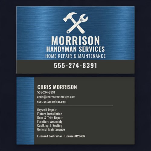 Handyman Navy Blue Metallic Construction Tools Business Card