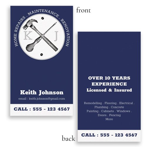 Handyman Navy Blue Professional Custom Monogram Business Card