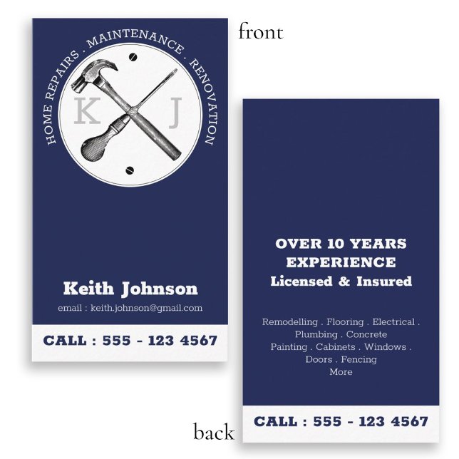 Handyman Navy Blue Professional Custom Monogram Business Card (Handyman Navy Blue Professional Custom Monogram Business Card)