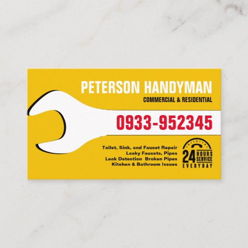 HANDYMAN PLUMBING 24 HOUR EMERGENCY WRENCH TOOL BUSINESS CARD