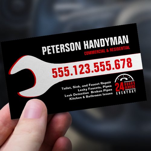 HANDYMAN PLUMBING 24 HOUR EMERGENCY WRENCH TOOL BUSINESS CARD