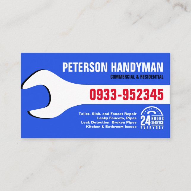 HANDYMAN PLUMBING 24 HOUR EMERGENCY WRENCH TOOL BUSINESS CARD (Front)