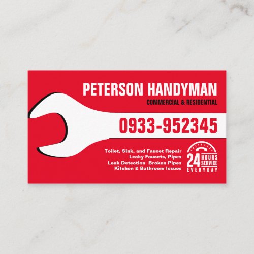 HANDYMAN PLUMBING 24 HOUR EMERGENCY WRENCH TOOL BUSINESS CARD