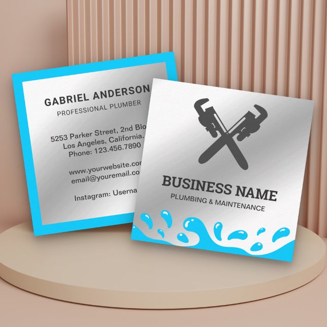 Handyman Plumbing Pipe Wrench Metal Steel Plumber Square Business Card (Creator Uploaded)