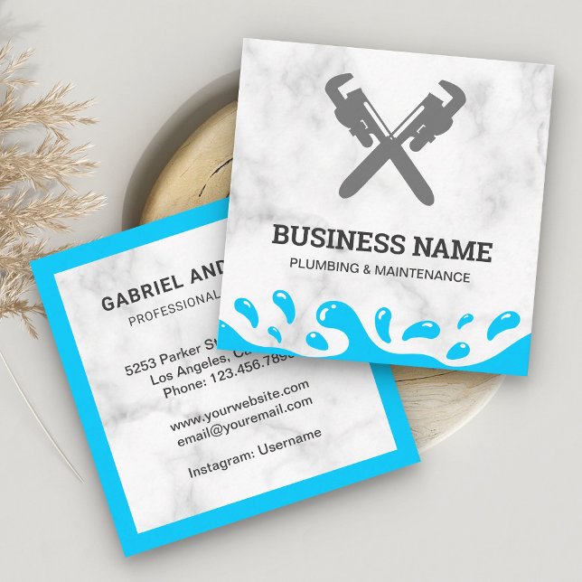 Handyman Plumbing Pipe Wrench White Marble Plumber Square Business Card (Creator Uploaded)