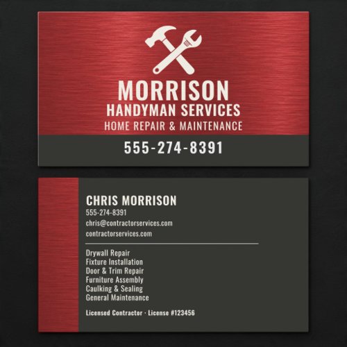 Handyman Red Metallic Construction Tools Business Card
