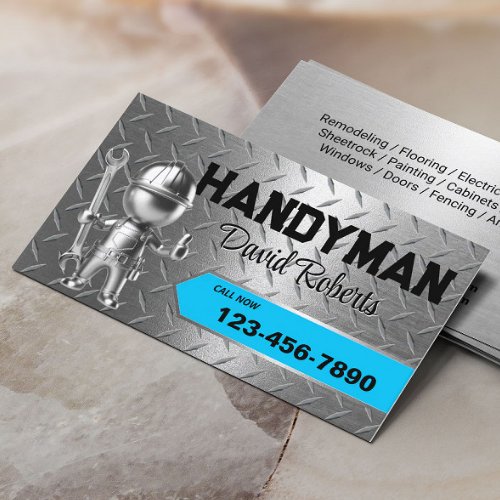 Handyman Repair  Maintenance Service Blue Metal Business Card