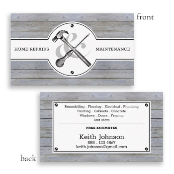 Handyman Rustic Gray Wood Vintage Construction Business Card by PerpetuallyPerplexed at Zazzle