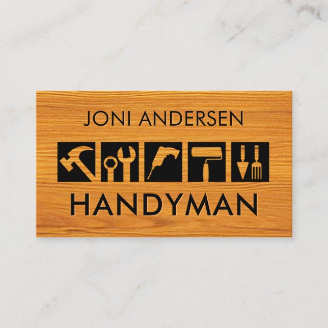 Handyman Tools Icon On Timber Business Card (Front)