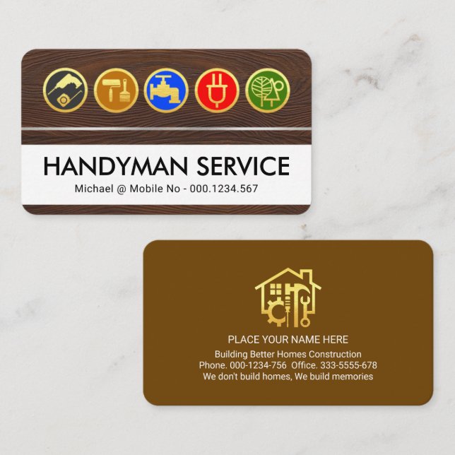 Handyman Tools Icon On Timber Wood Grain Business Card (Front/Back)