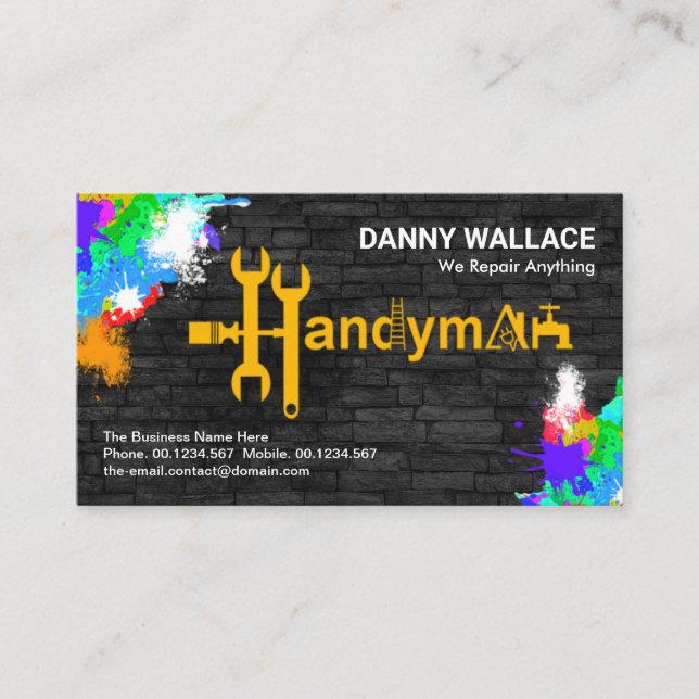 Handyman Tools Motif Paint Splatter On Brick Wall Business Card (Front)