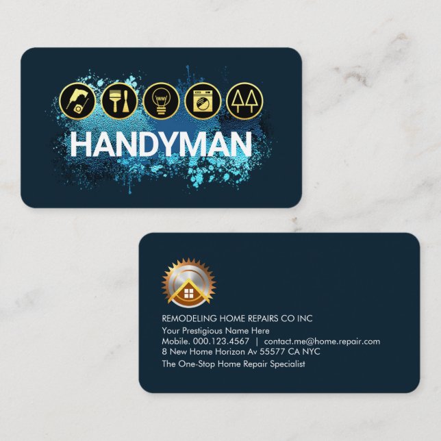 Handyman Tools On Blue Paint Splatter Business Card (Front/Back)